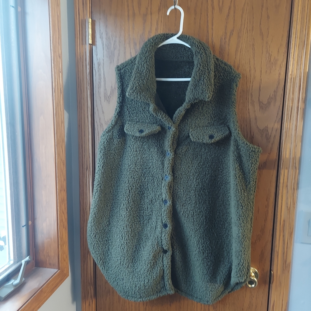 Olive Green Sherpa Long Vest Plus 4x Button Up Warm Layering Soft